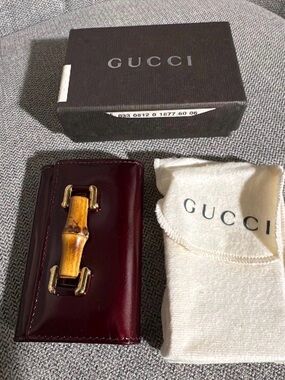 Gucci Burgundy Leather Card Case with Bamboo Accent
